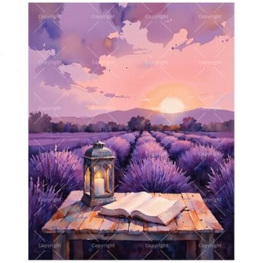 Imagem de Kit de pintura de campo de lavanda por números para adultos - Lanterna DIY e livro aberto ao pôr do sol, pintura em tela, 20 x 30 cm, conjunto de tinta acrílica emoldurada, adequado para iniciantes