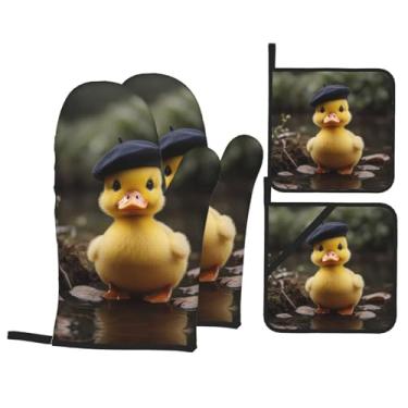 Imagem de Conjunto de luvas de forno estampadas com patinho em um chapéu, conjunto de 4 peças adequado para grelhar, cozinhar e assar