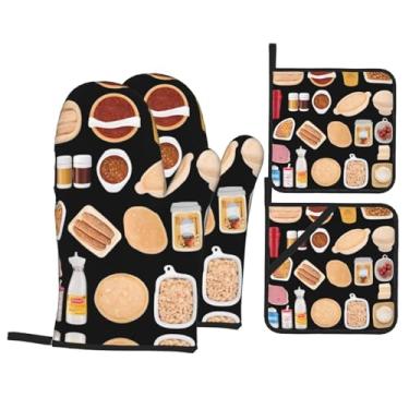 Imagem de Conjunto de luvas de forno impressas em pão e leite, conjunto de 4 peças adequado para grelhar, cozinhar e assar