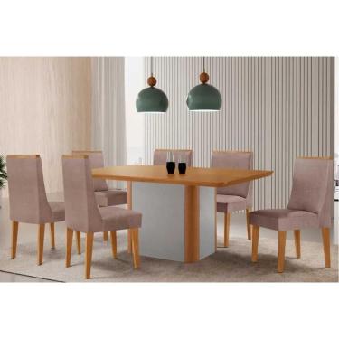 Imagem de Conjunto: Mesa Sala Jantar Pietá c/ Tampo Madeirado Canto Curvo 180x90cm e 6 Cadeiras Dakota Naturale/Off White - Linho Capuccino - Rufato