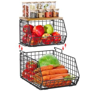 Imagem de Cestas de arame empilháveis com frutas, cesta de cozinha, cesta organizada