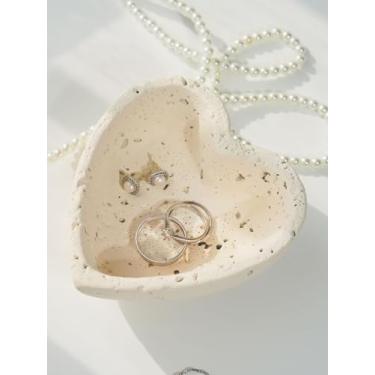 Imagem de DINLiAN S Prato de suporte de anel de concreto, bandeja de pratos de joias, bandeja decorativa, organizador de joias de coração fofo para decoração de mesa de quarto feminino (coração branco leitoso)