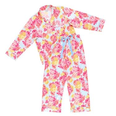 Imagem de Bella Sleep + Spa Pijama feminino Loungewear 2 peças de cetim sedoso manga comprida e calça Capri, GG, azul + rosa floral