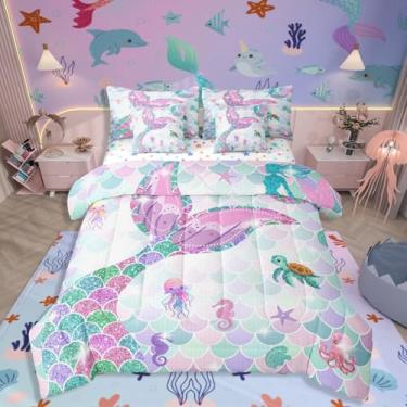 Imagem de Jogo de cama casal e edredom de sereia do oceano | Jogo de cama kawaii de animais marinhos náuticos Kawaii, presentes de sereia, para meninas, água-viva, tartaruga-marinha em uma bolsa, decoração de