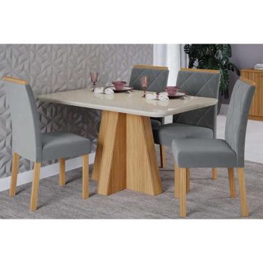 Imagem de Conjunto: Mesa Sala Jantar Maitê Tampo Madeirado c/ Vidro 130x80cm e 4 Cadeiras Fernanda Nature/Off White - Carvalho/Linho Grafite Cimol