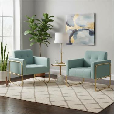 Imagem de Poltrona Sala Decorativa Kit 2 Elisa Base Tubular Alta Dourada Cotelê Ext-veludo D03 - D'rossi Menta