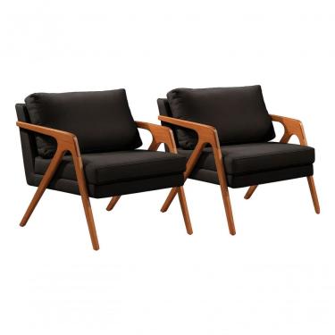 Imagem de Kit 02 Poltronas Decorativa Mona Luxo Base De Madeira Maciça Sala Recepção Veludo Preto Do Lar Móveis E Decoração