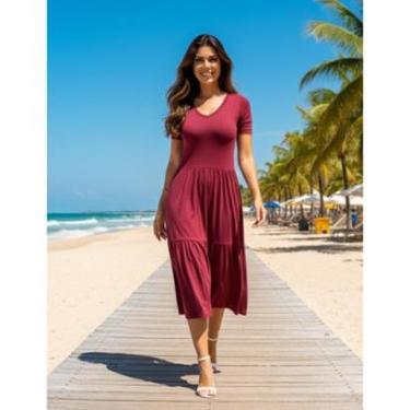 Imagem de Vestidinho Basico de Malha Manga Curta Verão Fresco Leve Midi Rodado Plissado Saia A Soltinho-Feminino