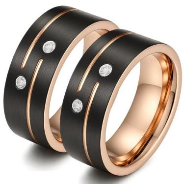 Imagem de Par Alianças Tungstênio Pretas e Rosé 8mm Cravejada Zircônias Anatômic