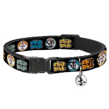 Imagem de Coleira para gatos da Disney, coleira separável com bolhas, expressão de sino, chip e dale preta multicolorida, 21 a 30 cm, 0,5 polegadas de largura