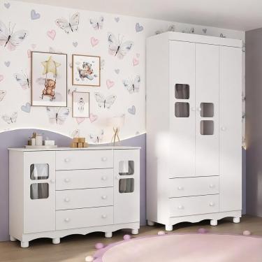 Imagem de Quarto De Bebê Completo Com Guarda-roupas 3 Portas E Cômoda Luna Multimóveis Mp4798 Branco