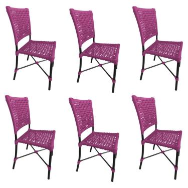 Imagem de Kit 6 Cadeiras Roma Corda Náutica Base Em Alumínio Preto-rosa