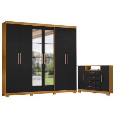 Imagem de Cômoda Madri E Guarda Roupa Casal San Diego Com Espelho Carvalho Americano Preto - Incorplac