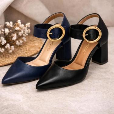 Imagem de Scarpin Bebecê Feminino Bico Fino Salto Grosso com Fivela Dourada Eleg