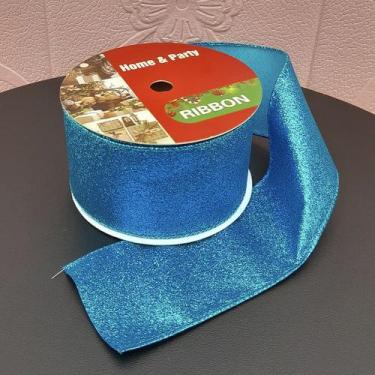 Imagem de Rolos Fita Aramada Gliter Azul Natalina De 6,3cm 9m Kit 5pçs - Genéric