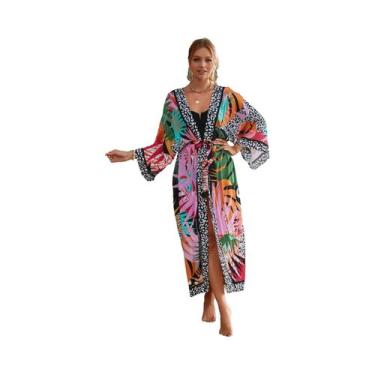 Imagem de Kimono Colorido Para Mulheres, Saída De Praia, Robe Longo Para Piscina