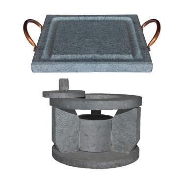 Imagem de Fogareiro Réchaud AF005+002-INDSJ Mantém Alimentos Aquecidos Pedra Sabão com Chapa Quadrada 20x20cm Cinza Industria São
