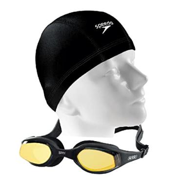 Imagem de Kit Natação Speedo Óculos Tempest + Touca De Tecido Xtrafit Confortável (PRETO/LENTES ESPELHADAS)