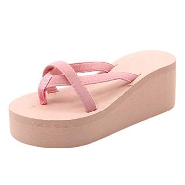 Imagem de Sandálias de salto alto de praia de cor lisa com chinelos para mulheres salto anabela tamanho 11, rosa, 8.5