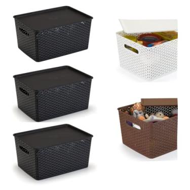 Imagem de Plasnorthon Kit Rustic Retangular com Tampa de Encaixe - 3 Caixas Organizadoras Rattan Preto - 15 Litros - c. 35,5 x l. 26,5 x a. 18,5 cm