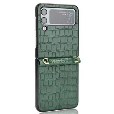 Imagem de YINGDAFENG Capa para Samsung Galaxy Z Flip 4, capa traseira de couro PU slim fit com alça de pulso e proteção da câmera à prova de choque capa protetora de PC rígido, verde