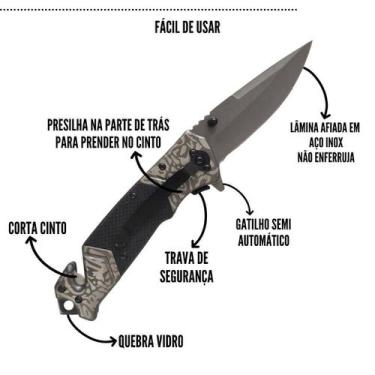 Imagem de Canivete Tático Militar Semi Automático Aço Inox Cabo Metal Presilha P