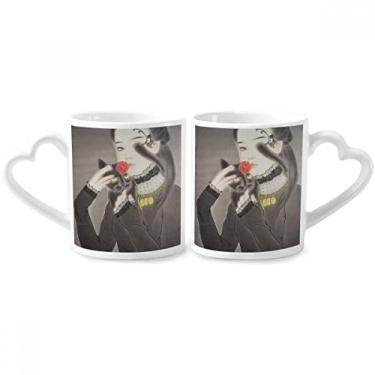 Imagem de Conjunto de canecas de porcelana para casais, aquarela, estilo chinês, de gato preto, com alça de coração