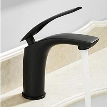 Imagem de Torneira para lavatório de banheiro branco e preto, latão sólido, torneira misturadora para lavatório, quente e fria, cascata, curta, preta A