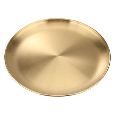 Imagem de Hemoton Placa redonda de aço inoxidável, prato de jantar, bandeja de metal, bandejas de churrasco, pratos de metal para jantar infantil, pratos de salada redondos (34 cm)