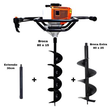 Imagem de KIT Perfurador de Solo Vulcan VPS520-S 2T 52CC 2,5HP com Broca 80x15cm + Broca Extra 80x25cm + Extensão Extra 30cm com Pino Trava