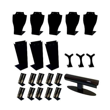 Imagem de Kit expositores displays de joias, colares, brincos, pulseiras e braceletes de acrílico Preto - Kit mostruários completo com 22 peças