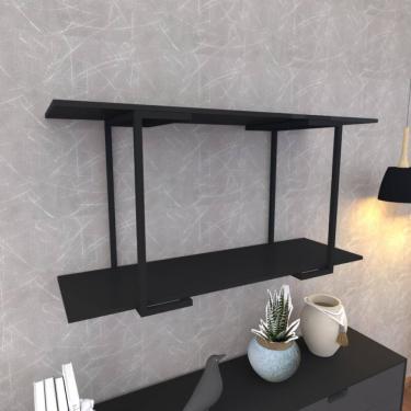 Imagem de Prateleira Industrial Suspensa Estante Parede Nicho Preto Ferro E Madeira Suporte Pratileira