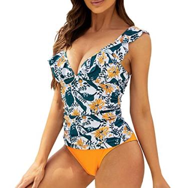 Imagem de Tanquíni feminino modesto, plus size, fofo, roupa de praia push-up, biquíni transparente, Amarelo, GG