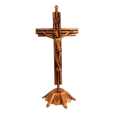 Imagem de Crucifixo Metal Cor Bronze Mesa Parede - 20cm - Equilíbrio Pedras Natu