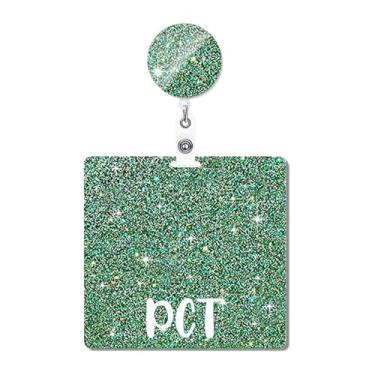 Imagem de ANDGING PCT Conjunto de crachá e carretel de crachá horizontal PCT porta-cartões de acrílico Bling Badge Buddies Glitter Enfermeira Carretéis de crachá retráteis cartão de identificação médica