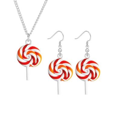 Imagem de Dreuyet Conjunto de colar de brincos de pirulito colorido arco-íris para mulheres meninas conjunto de joias de pirulito de argila macia bonito feito à mão redondo espiral pirulito colar engraçado de