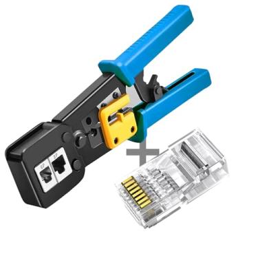 Imagem de Alicate de Crimpar Crimpador Rj45/RJ12/Rj11 com Descascador Lamina de Corte e Desencapador para Cabo de Rede + 100 Conectores RJ45