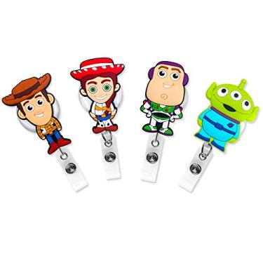 Imagem de Conjunto de 4 peças de porta-crachá retrátil de crocodilo com clipe para crachá de identificação - Buzz Lightyear Woody Jessie Green Alien