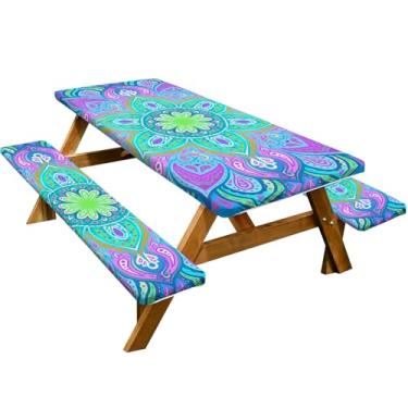Imagem de Toalha de mesa de piquenique com capas de banco, 3 peças de toalha de mesa de acampamento à prova d'água, toalhas de mesa de piquenique com elástico para mesas retangulares de 1,8 m (Estilo13)