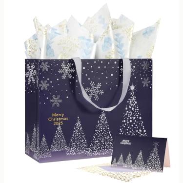 Imagem de Bobobag Saco de presente de Natal grande azul profundo de 33 cm com papel de seda e cartão comemorativo, bolsa de presente personalizada de qualidade platina para presente masculino