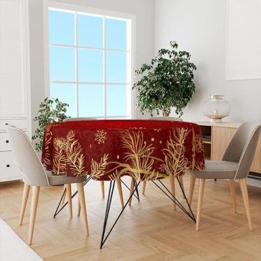 Imagem de Toalha De Mesa Redonda Tecido Oxford Vermelho Natalino Folhas Douradas