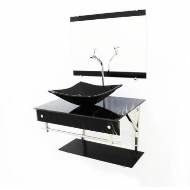 Imagem de Kit Gabinete 60Cm Cuba Quadrada Mármore Preto + Torneira - Cubas E Gab