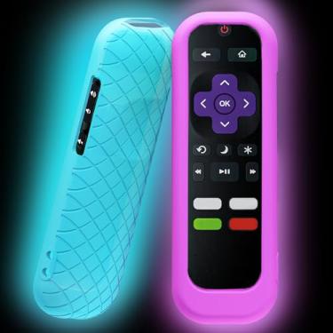 Imagem de Pacote com 2 capas para controle remoto Roku TV, capa de bateria para controle remoto TCL Hisense Roku TV Steaming Stick 4K 4K + Roku Voice Remote, capa universal de silicone com brilho no escuro (azul/roxo 2 peças)