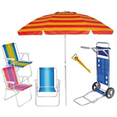 Imagem de Kit Praia Carrinho Com Avanço + 3 Cadeira Alumínio Alta + Guarda Sol 2