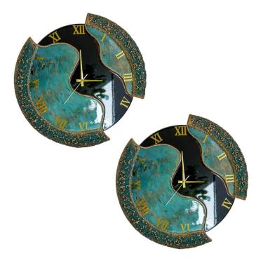 Imagem de Kit 2 Relógios De Parede Grande 60cm Luxo - Fundo Preto Com Verde Mesclado
