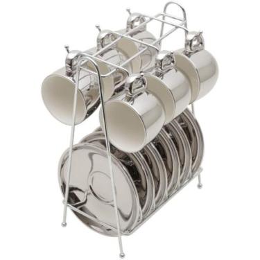 Imagem de CJ 6 XICARAS CAFE PORCELANA C/PIRES E SUPORTE VERSA BRANCO/PRATA 90ml 