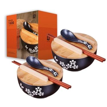 Imagem de Cereal Bowls Tigela de cozinha japonesa com tampa tigela de ramen vintage com tampa tigela de macarrão instantâneo de cerâmica preta tigela de sopa preta com tampa de madeira (2 peças, 16168 cm) PRETA