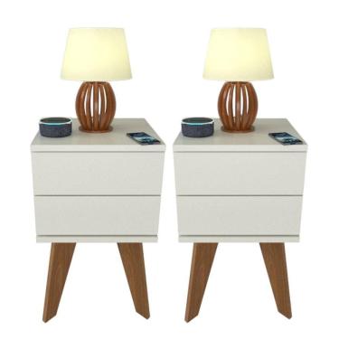 Imagem de Kit 2 Mesas De Cabeceira 2 Gavetas 30 Cm Mdf Branco Com Pés Fj Decor Retrô