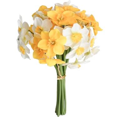 Imagem de Mandy's 12 peças de flores falsas amarelas e brancas, narcisos artificiais, 40,6 cm, para decoração de casa e festa de Páscoa do Dia das Mães