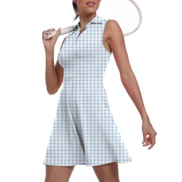 Imagem de Vestido feminino de duas peças para golfe FPS 50+ esportivo esportivo esportivo com bolso e shorts separados, 15 Azul Houndstooth, GG